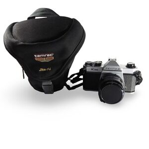 Pentax K1000 35mm SLR Camera Silver Sigma 24mm f2.8 Lens Tamrac Case Bundle